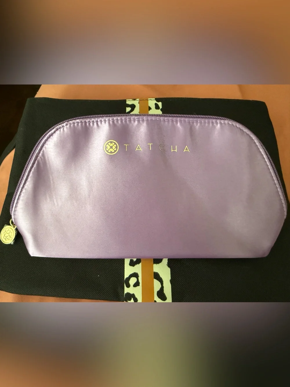 Tatcha Lavender Satin Cosmetic Pouch with Gold Logo